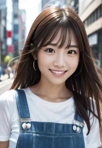 (((city:1.3,Outdoor, Photographed from the front))), ((Long Hair:1.3, Overalls,Japanese women, smile,cute)), (clean, Natural Makeup), (Highest quality, masterpiece:1.3, 超High resolution), (Very detailedな, Caustics), (Realistic:1.4, RAW shooting), Very detailed, High resolution, 16K resolution