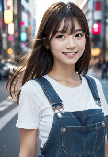 (((city:1.3,Outdoor, Photographed from the front))), ((Long Hair:1.3, Overalls,Japanese women, smile,cute)), (clean, Natural Makeup), (Highest quality, masterpiece:1.3, 超High resolution), (Very detailedな, Caustics), (Realistic:1.4, RAW shooting), Very detailed, High resolution, 16K resolution