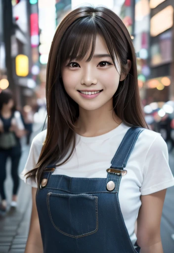 (((city:1.3,Outdoor, Photographed from the front))), ((Long Hair:1.3, Overalls,Japanese women, smile,cute)), (clean, Natural Makeup), (Highest quality, masterpiece:1.3, 超High resolution), (Very detailedな, Caustics), (Realistic:1.4, RAW shooting), Very detailed, High resolution, 16K resolution