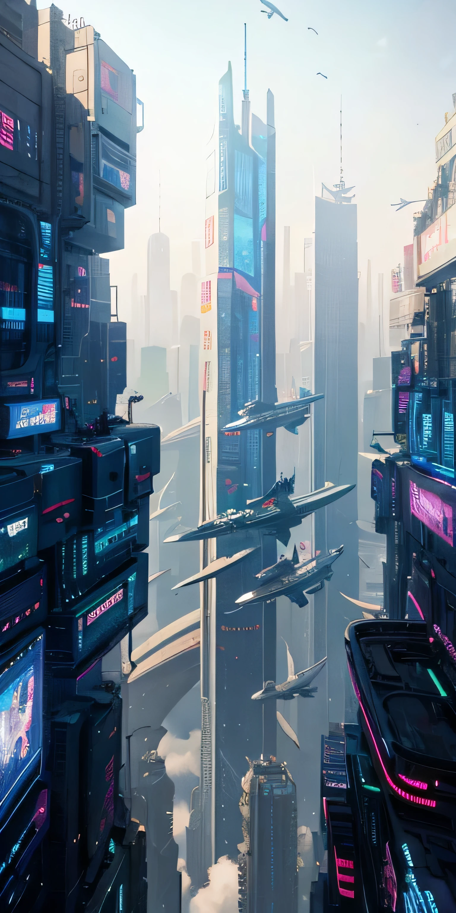 top-quality))、((​masterpiece)、Cyberpunk City、Airship flying between skyscrapers、Cyberpunk style