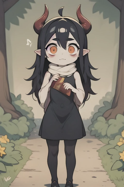 Young Girl,,Wearing a one-piece dress,Mini character,Red eyes,Black Hair,Long Hair,Dark atmosphere,Deformed character,Horns growing,Ahoge,Pale skin,eyes are half closed,Troubled face,Shoulder sticking out,Sleeveless dress,Tight-fitting clothing
