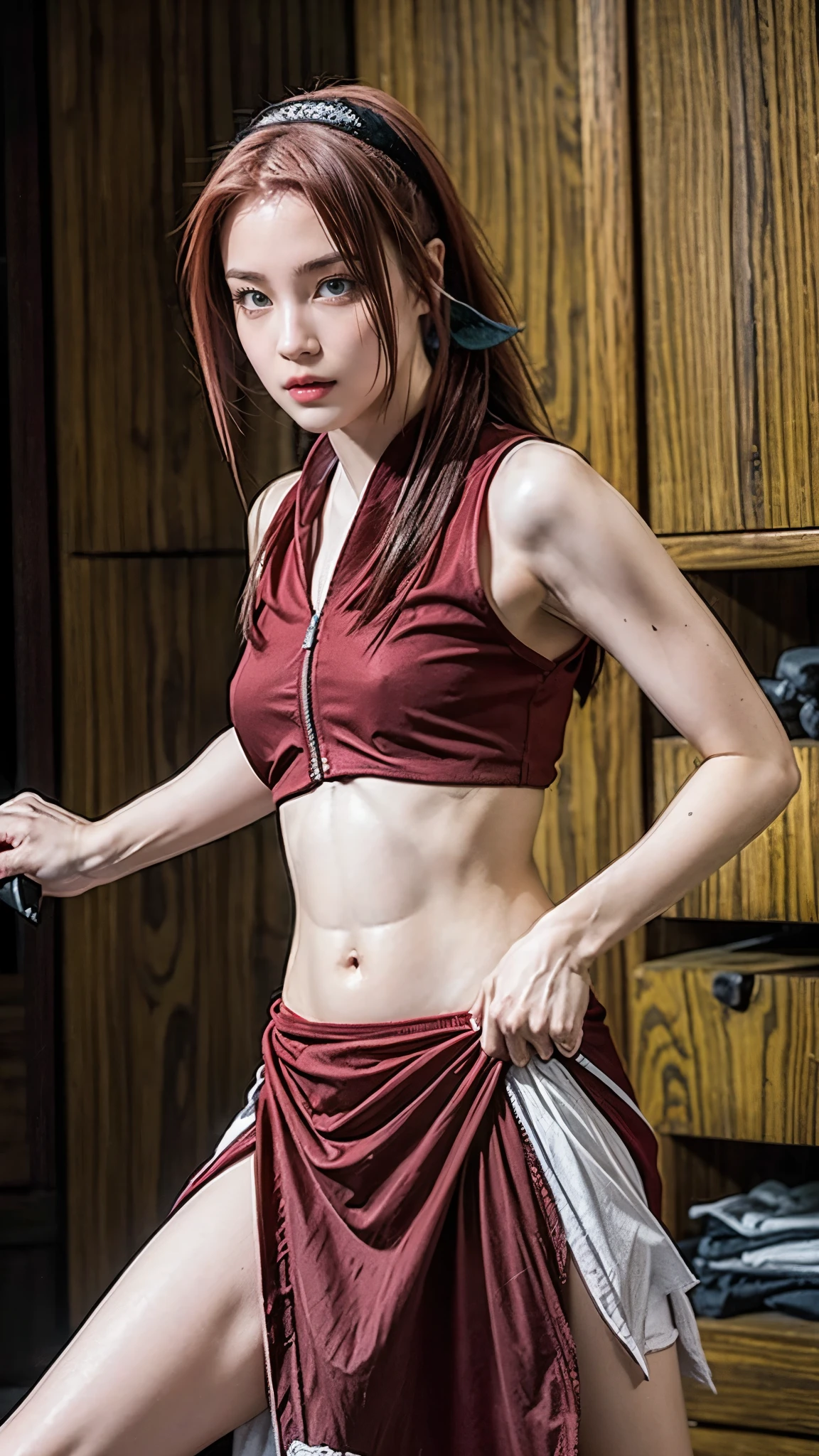 Moisturized skin, (red eyes), realistic body, (adult female body), heartless, (16 years old), (young girl),
BREAK,
bright red lipstick, (beautiful navel),
BREAK,
((masterpiece + highest quality + high resolution + highly detailed)), (full body: 1.2), symmetrical, one shot,
BREAK,
(leaves fluttering), (wind blowing), (battle stance: 1.4),
BREAK,
(large Japanese sword), ninja clothes, inside a mansion, assassination, a ninja with a sword creeps through a mansion, has a cut, long hair, ponytail, red hair, sword, cross mark on left cheek,