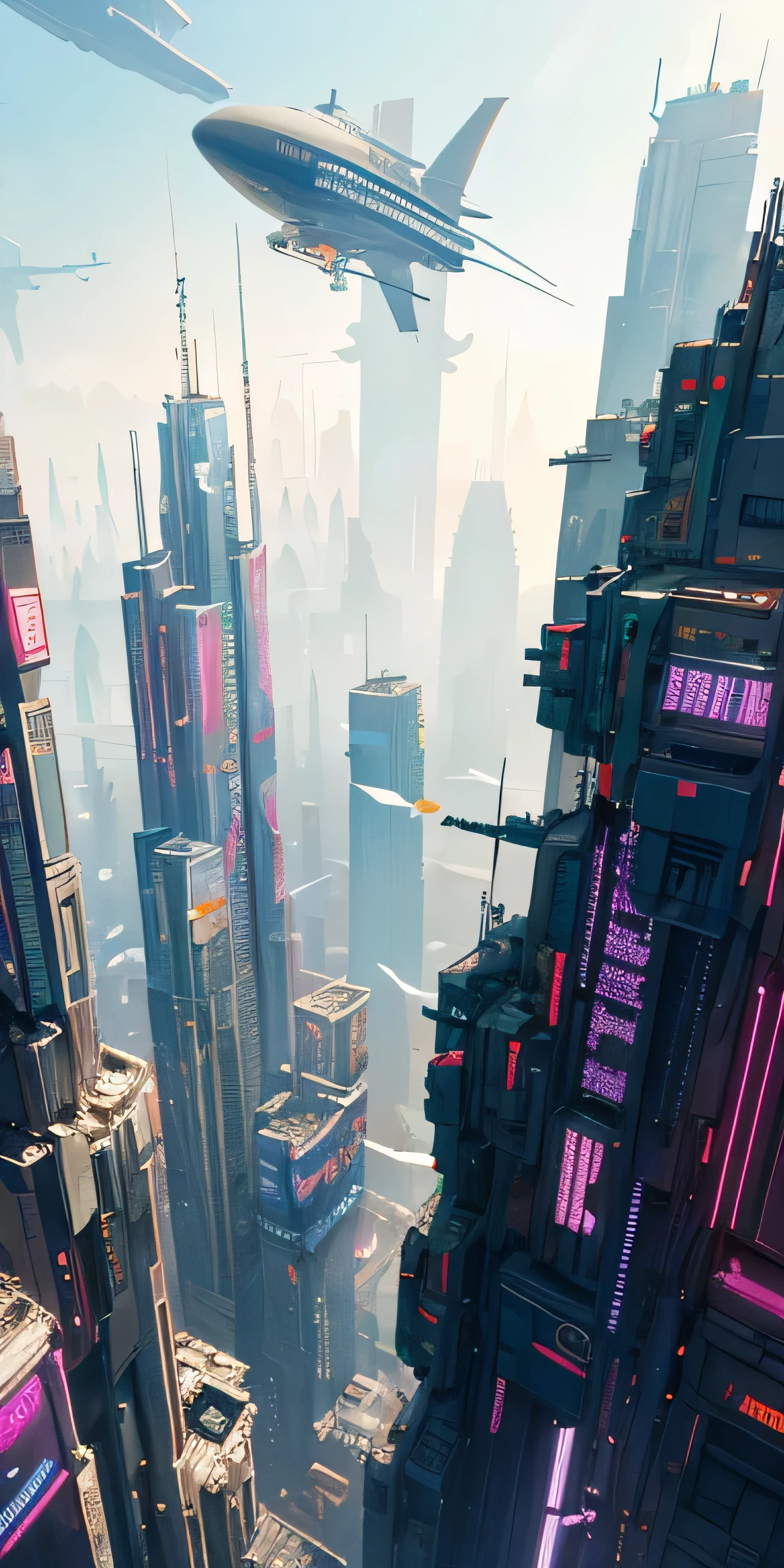top-quality))、((masterpiece)、Cyberpunk City、Airship flying between skyscrapers、Cyberpunk style