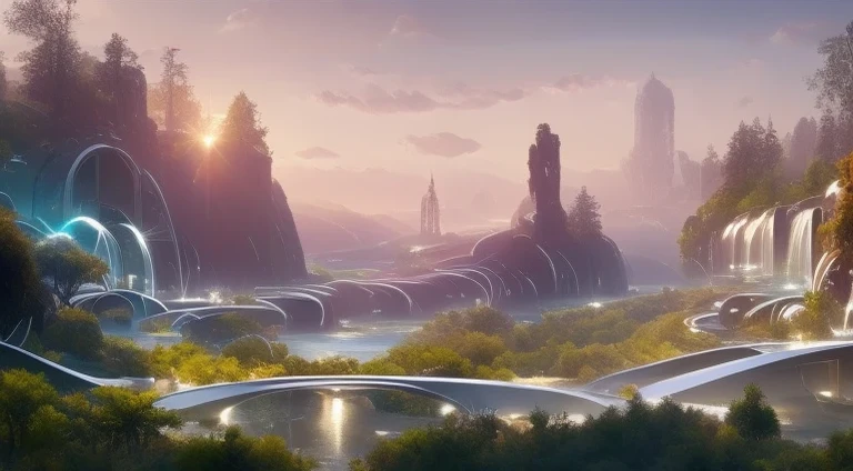 Futuristic design of an awesome sunny day environment concept art on a futuristic forest terrain with huge waterfalls,streams,sacred grooves, nature architecture, proportional,detailed, blueprint,bright clouds, nature meets futuristic architecture by Santiago Calatrava and Vincent Callebaut with Wes Anderson village,residential area, futuristic development, high rise made up staircases, balconies, full of composite glass facades, residential spaces carved from cliff side ,trending on artstation, beautiful lighting,In the style of Andreas Achenbach and Norman Ackroyd masterpiece, fantasy, intricate, award winning, 4k, highest quality render