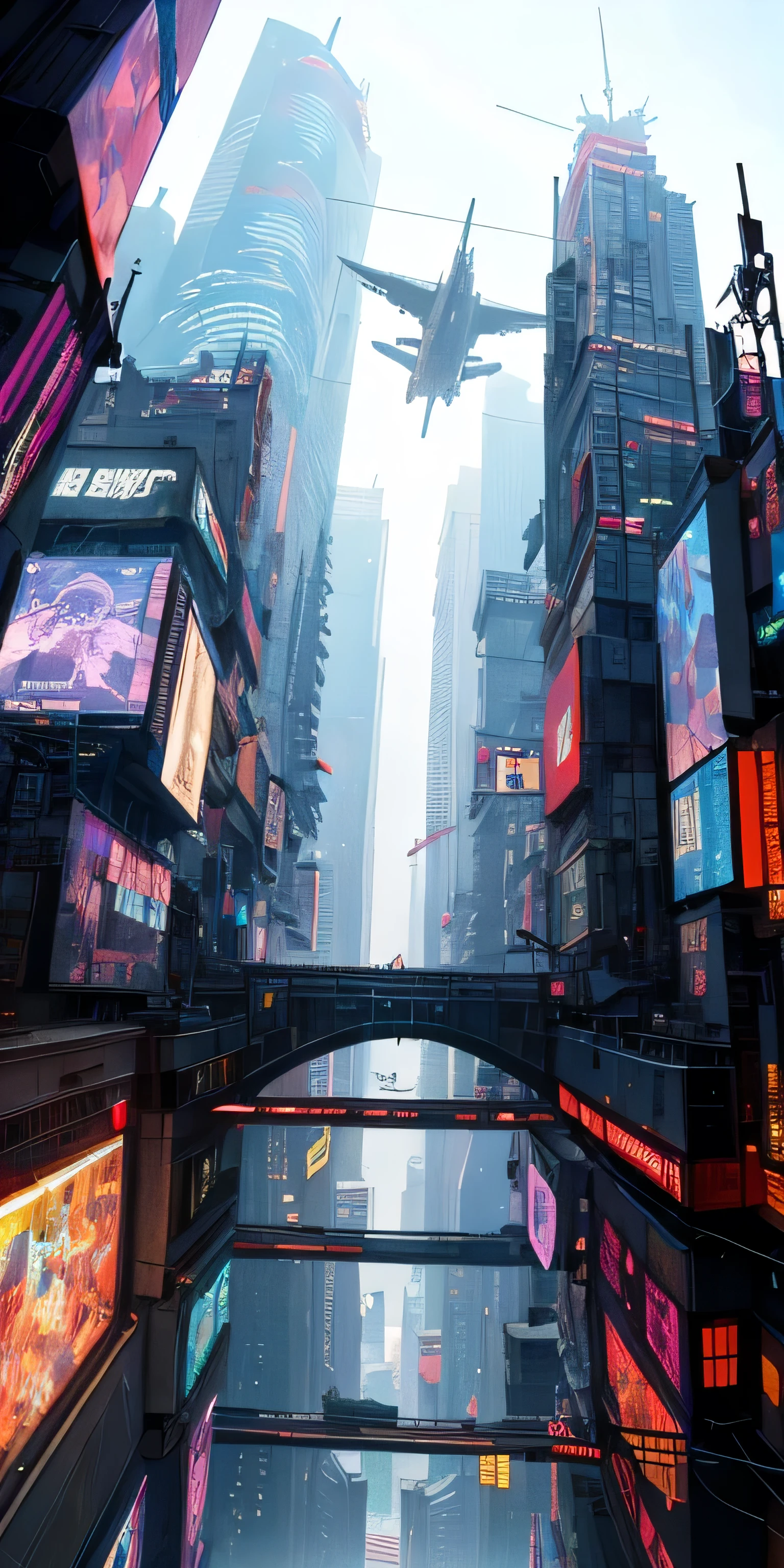 top-quality))、((​masterpiece)、Cyberpunk City、Airship flying between skyscrapers、Cyberpunk style