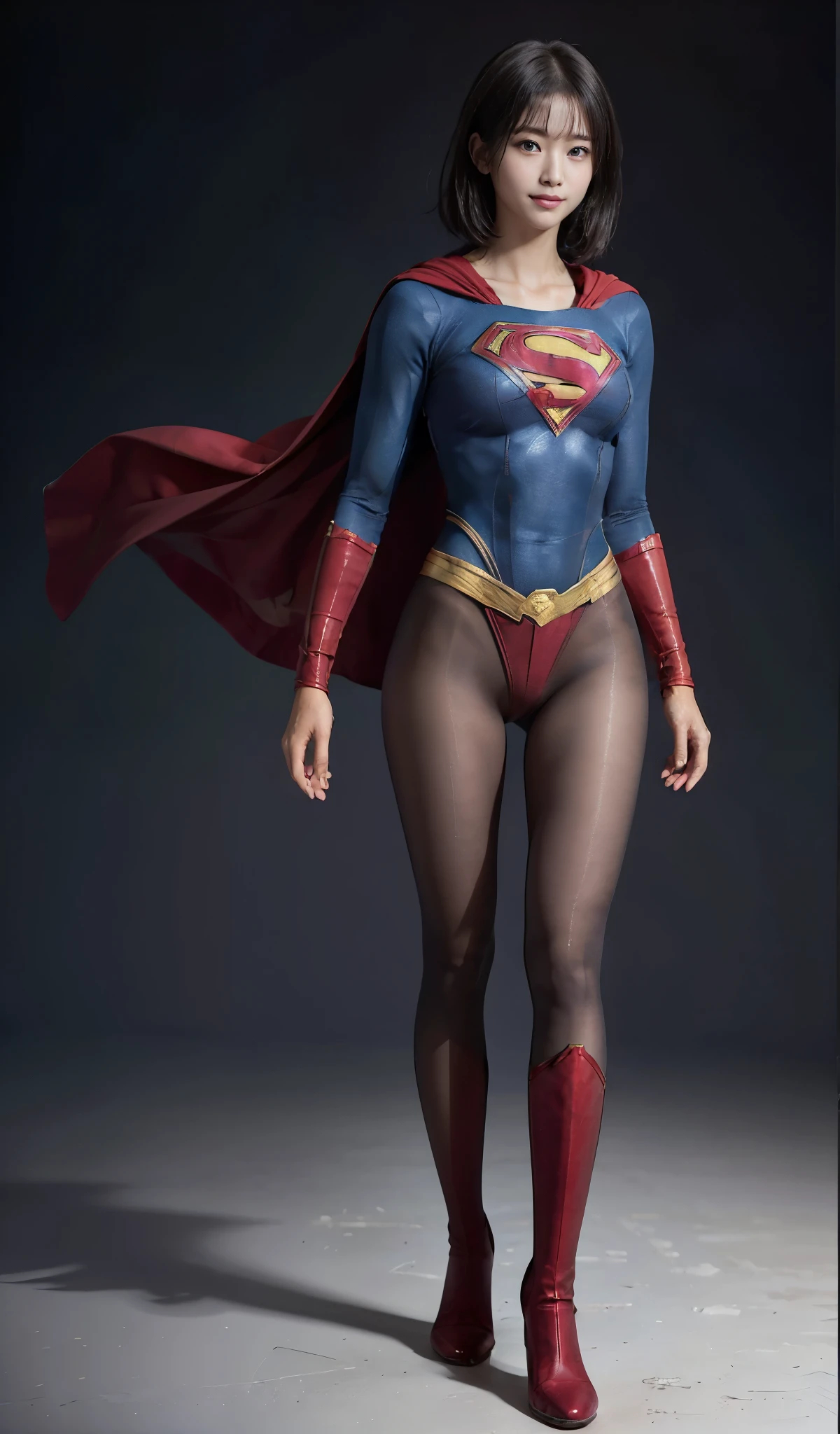 No background、(((Beautiful legs in black tights.)))、(((Legally express the beauty of your smile)))、((((Make the most of your original images)))、(((Supergirl Costume)))、(((Beautiful short bob hair)))、(((suffering)))、(((Please wear black tights....、Wear red boots)))、((Best image quality、8k))、((Highest quality、8k、masterpiece:1.3))、(((Preserve background )))、Sharp focus:1.2、Beautiful woman with perfect figure:1.4、Slim Abs:1.2、Wet body:1.5、Highly detailed face and skin texture、8k