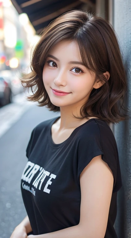 (Highest quality,8K quality,masterpiece:1.3,),(Ultra-high resolution:1.3,Realistic:1.4,RAW Photos:1.2),(Very detailed:1.2,Glowing Skin,Detailed skin:1.1),(Detailed face,Perfect Anatomy,Caustics:1.2), (Symmetrical eyes:1.3),1 girl,cute,Japanese,22 years old,Japanese Ido,Natural brown hair,Short hair curled outwards,cute目,Natural Makeup,Oversized T-shirt,Laughter,Looking into the camera,On the face,Face Focus,Street Corner,Professional Writing,Natural soft light,
