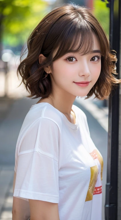 (Highest quality,8K quality,masterpiece:1.3,),(Ultra-high resolution:1.3,Realistic:1.4,RAW Photos:1.2),(Very detailed:1.2,Glowing Skin,Detailed skin:1.1),(Detailed face,Perfect Anatomy,Caustics:1.2), (Symmetrical eyes:1.3),1 girl,cute,Japanese,22 years old,Japanese Ido,Natural brown hair,Short hair curled outwards,cute目,Natural Makeup,Oversized T-shirt,Laughter,Looking into the camera,On the face,Face Focus,Street Corner,Professional Writing,Natural soft light,