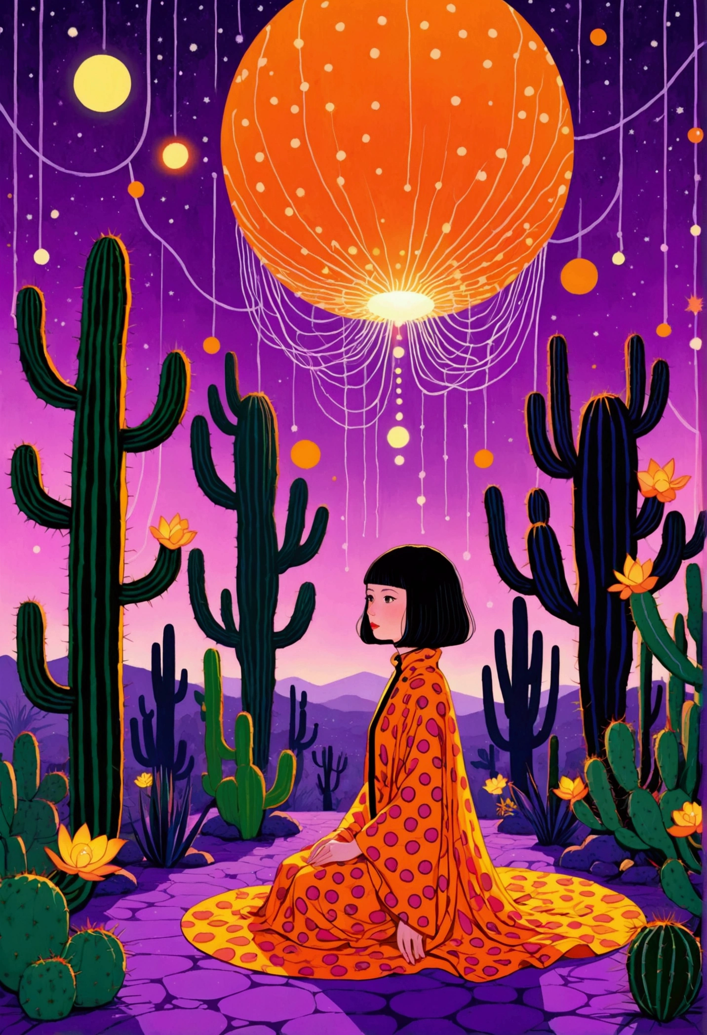 Purple,orange color,Flat illustration,Dot、line、Neon,cactus,Tree、firefly,Dreamy colors,Illustration style(Artists can refer to Yayoi Kusama)