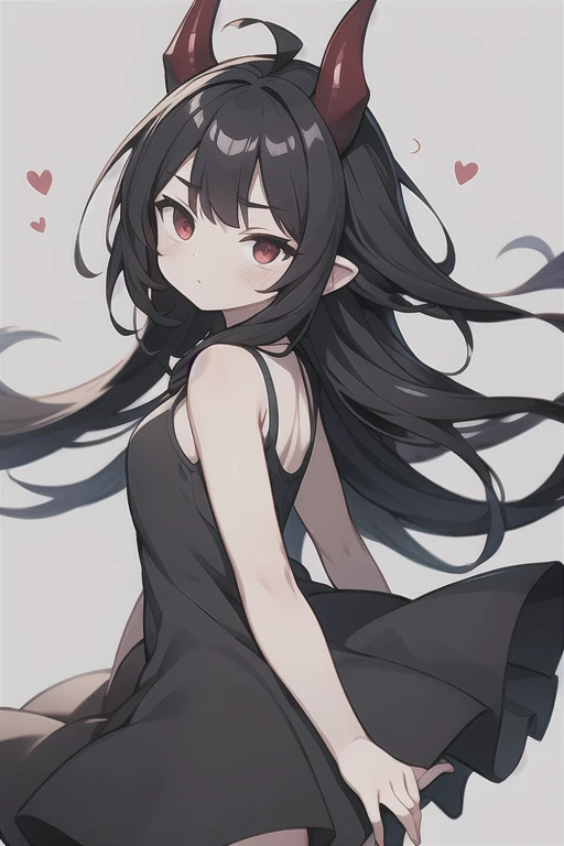 Young Girl,,Wearing a one-piece dress,Mini character,Red eyes,Black Hair,Long Hair,Dark atmosphere,Deformed character,Horns growing,Ahoge,Pale skin,eyes are half closed,Troubled face,Shoulder sticking out,Sleeveless dress,Tight-fitting clothing
