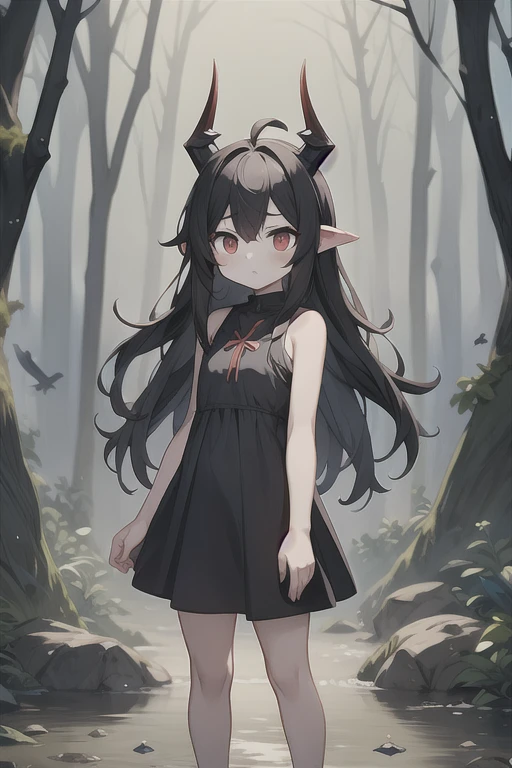 Young Girl,,Wearing a one-piece dress,Mini character,Red eyes,Black Hair,Long Hair,Dark atmosphere,Deformed character,Horns growing,Ahoge,Pale skin,eyes are half closed,Troubled face,Shoulder sticking out,Sleeveless dress,Tight-fitting clothing
