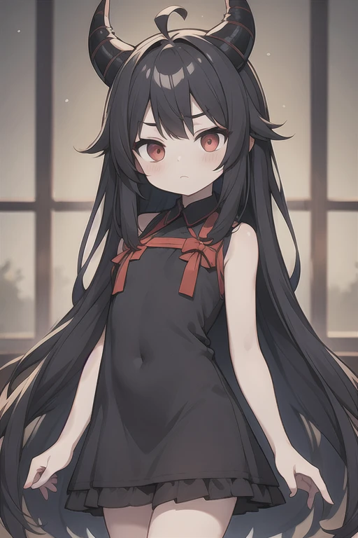 Young Girl,,Wearing a one-piece dress,Mini character,Red eyes,Black Hair,Long Hair,Dark atmosphere,Deformed character,Horns growing,Ahoge,Pale skin,eyes are half closed,Troubled face,Shoulder sticking out,Sleeveless dress,Tight-fitting clothing
