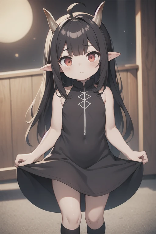 Young Girl,,Wearing a one-piece dress,Mini character,Red eyes,Black Hair,Long Hair,Dark atmosphere,Deformed character,Horns growing,Ahoge,Pale skin,eyes are half closed,Troubled face,Shoulder sticking out,Sleeveless dress,Tight-fitting clothing
