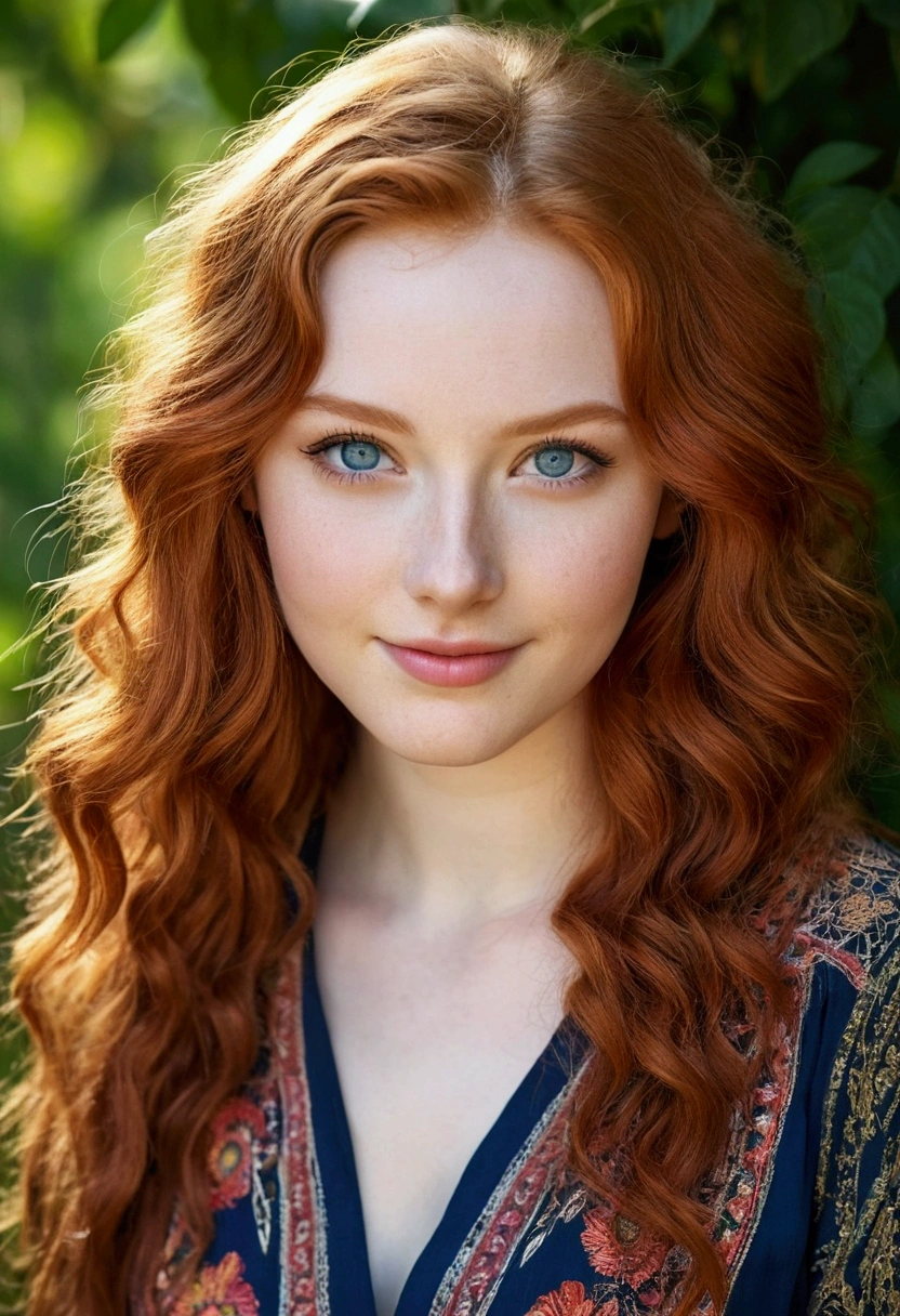 "Generates an image of a 21-year-old young woman with long, wavy red hair, deep navy blue eyes, russian facial features, curvy body and bohemian style. His expression is intelligent and passionate, with a radiant smile. He has pale skin and a slim build., with an average height. She is dressed in provocative clothing , with bright colors and ethnic patterns. The background is blurry, with a natural environment such as a park or garden