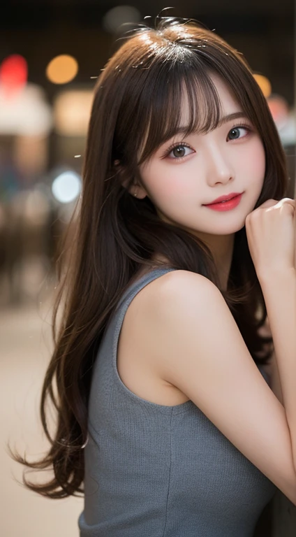 Tabletop, Highest quality, shape, Very detailed, finely, High resolution, 8k wallpaper, 完璧なダイナミックな構shape, Beautiful and detailed, Elegant winter clothes,Medium Hair,Small Breasts Natural Color Lip, Bold sexy pose,smile、20-year-old girl、cute、sexy shot looking at camera,night,Beautiful and elaborate face,Elegant face,Perfect and beautiful face,Slim face and body,Spread your arms wide、Background Blur
