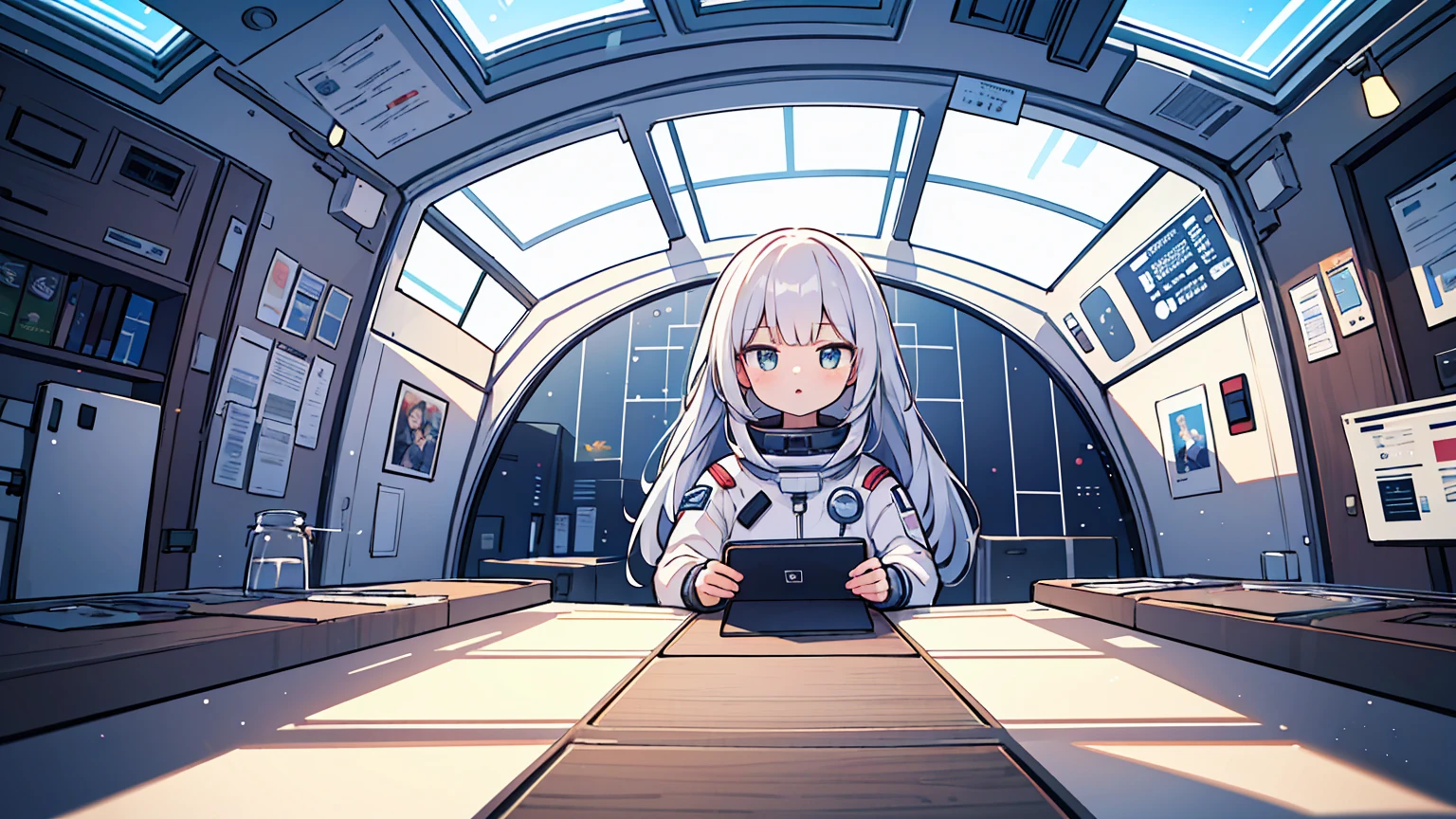 (masterpiece, best quality),3 women, different hair colors, different faces,letterboxed, perfection of fashion,chapped lips, casual attire, upper body, Studying alone with a tablet,eyes are on the tablet,I look towards the glass window,side,in space,Inside the space station, glass ceiling, glass walls,You can see the Earth through the floor-to-ceiling window,white ceramic table,space suit,

