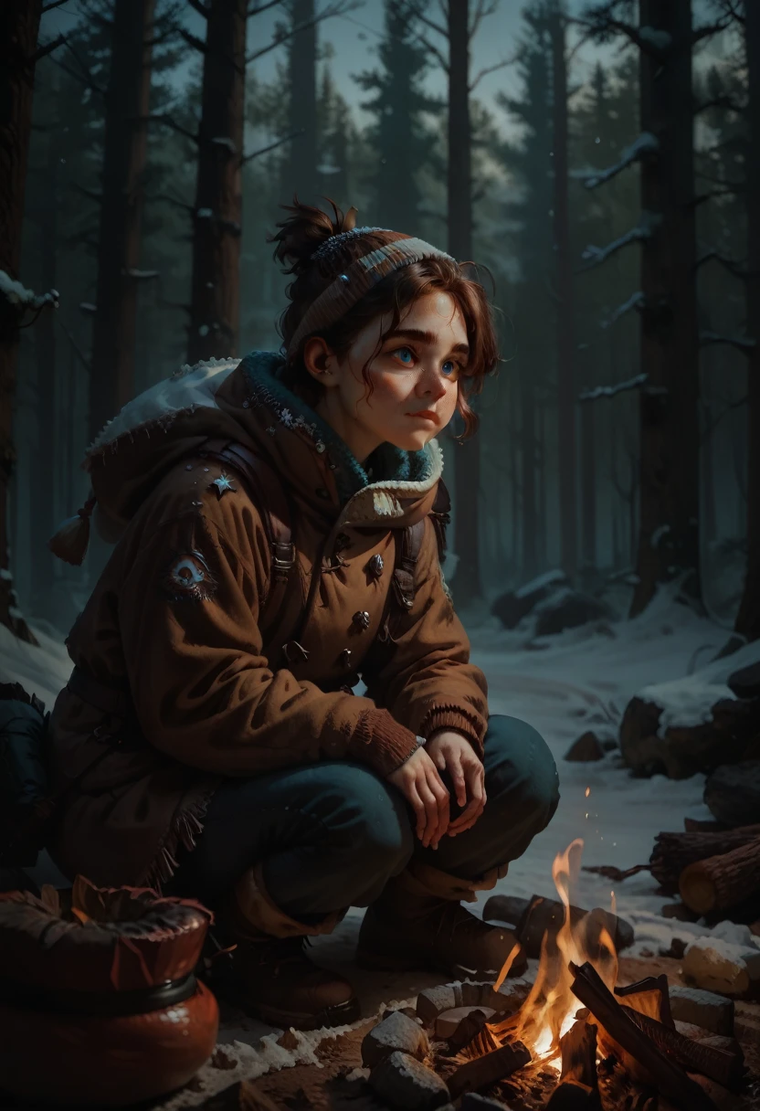 A girl with shoulder-length wavy brown hair, a short ponytail on the back of her head, and blue eyes, the girl has freckles. This girl is sitting by a campfire in a dark, frightening winter forest. The girl wears warm winter clothes and equipment.