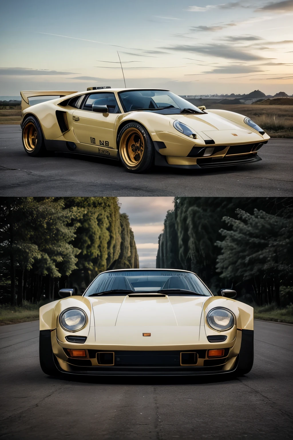 A masterpiece of automotive art, this fusion of the iconic Lamborghini Countach and Porsche 911 Carrera boasts an extraordinary blend of sleek lines and dynamic curves. The front of the vehicle, reminiscent of the Countach, features a sharp angular design, complete with wide-set headlights and a distinctive wedge shape. The rear, inspired by the 911, showcases the signature Porsche taillights, seamlessly integrated into the design. The vehicle's body, painted in a striking gold hue, gleams under the sunlight, displaying intricate details and a high level of craftsmanship. The fusion of these two iconic sports cars