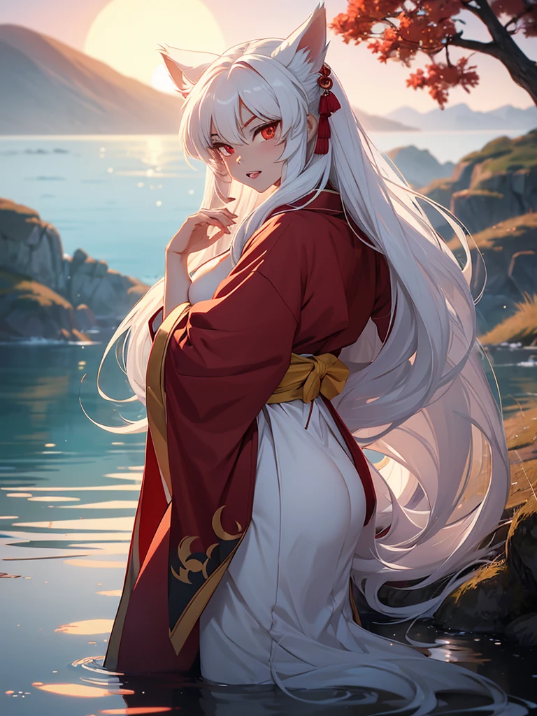 The character Inuyasha from the anime Inuyasha.
He was female, with ample breasts and hips, with bright yellow eyes, very long white hair, lush fluffy fox tail behind his back.
She sat on the shore of the lake under the moon.
Canonical red kimono with long sleeves and white patterns on them.
Red eye makeup and burgundy lips. There were sharp teeth and claws.
No human ears.