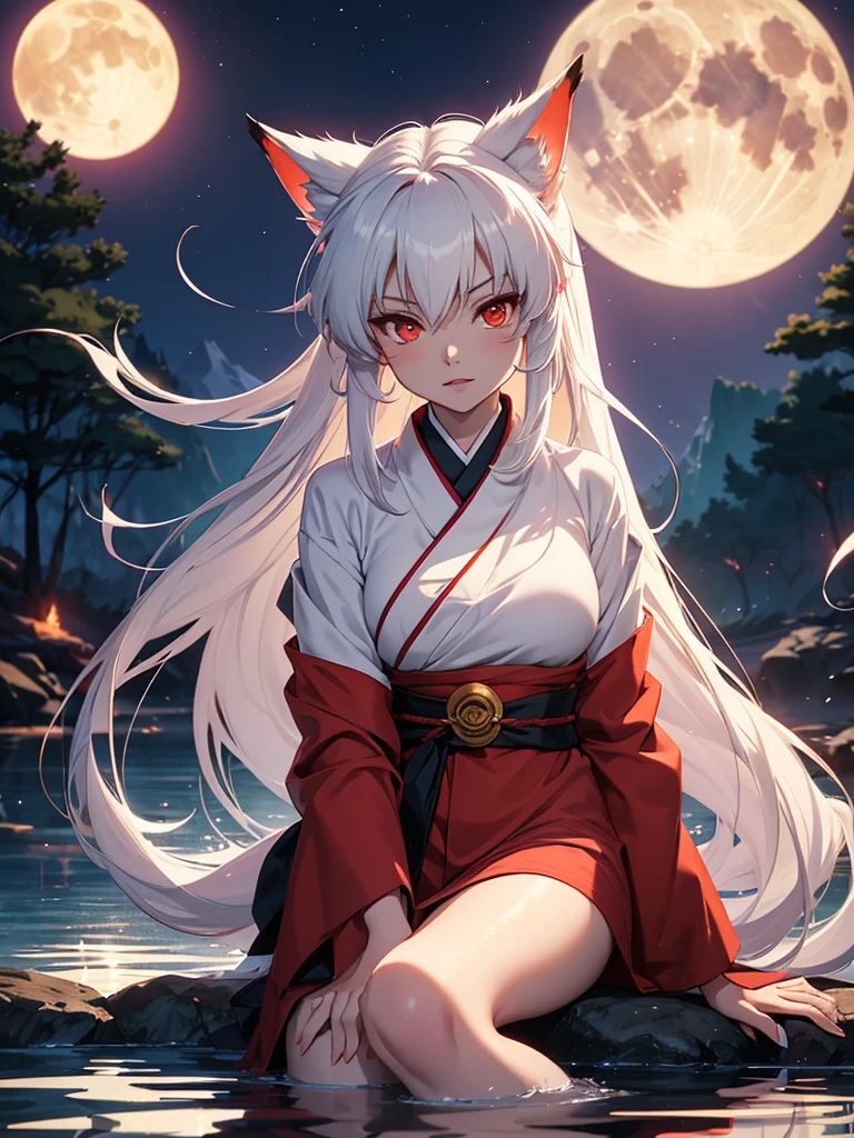 The character Inuyasha from the anime Inuyasha.
He was female, with ample breasts and hips, with bright yellow eyes, very long white hair, lush fluffy fox tail behind his back.
She sat on the shore of the lake under the moon.
Canonical red kimono with long sleeves and white patterns on them.
Red eye makeup and burgundy lips. There were sharp teeth and claws.
No human ears.