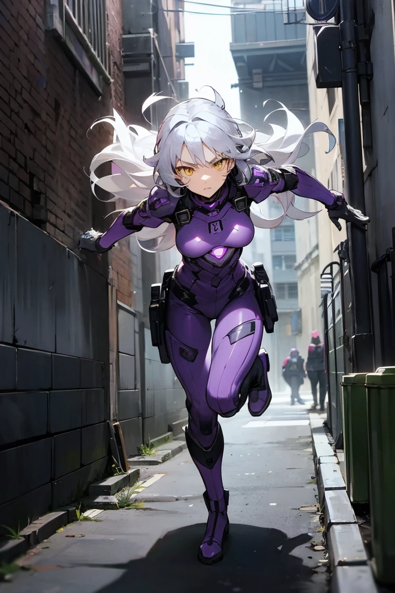 1female, Silver Hair, Purple Combat Suit, Wavy Hair, Black Gloves, Combat Boots, Yellow Eyes, Serious Expression, Lean, High Ranker, Adult Female, City, Running through an Alley