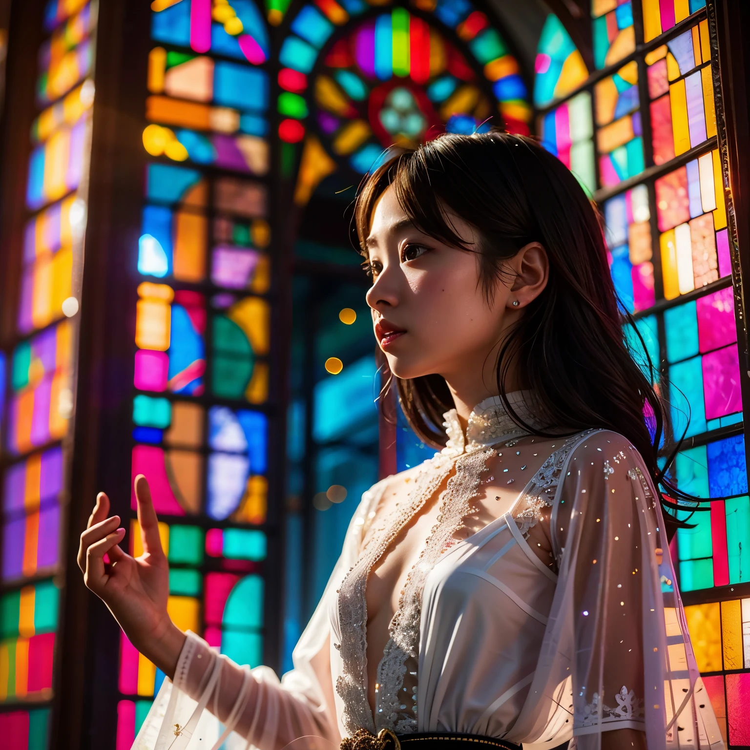 (Cathedral from below:1.28) (ZoomLayer) TopQuality 8K masterpiece of ((Professional photo)), (((Clarisse de Cagliostro))) (Detailed White WeddingDresses), Chain, (((Extremely detailed KAWAII face))) {((VeiledFace))|BlondeHair|(Elaborate BuleEyes)with(SparklingHighlights:1.28)}, The background is distant (((Elaborate stained glass))) Rainbow Glass, {(MysticSight)|EnchantingAtmosphere|Haze|(GodRays)|TyndallEffect}, Radiant PearlSkin with Transparency, (Exposed:0.39)