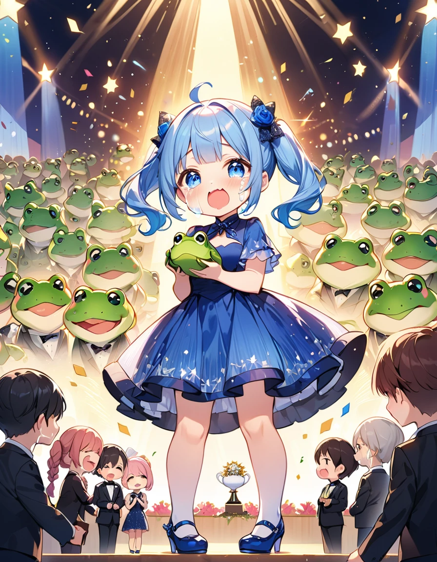 Highest quality、High resolution、Detailed Background、Beautiful face in every detail、Anatomically correct、Detailed facial expressions、fine grain、((full body, from below, side view)), ((One Girl:1.5)、(Chibi Girl:1.2))、Cute hair color、Big beautiful blue eyes、Fuller lips、Pink Lips、Braided twin tails、Ahoge、(Award-Winner:1.2)、(cute formal dresses、cute formal shoes)、break　((Place your hands in front of your chest:1.3、Holding a large frog in both hands)、((Crying face:1.2、Open your mouth a little:1.2))、break　((The background is the solemn awards ceremony venue、Many spectators）