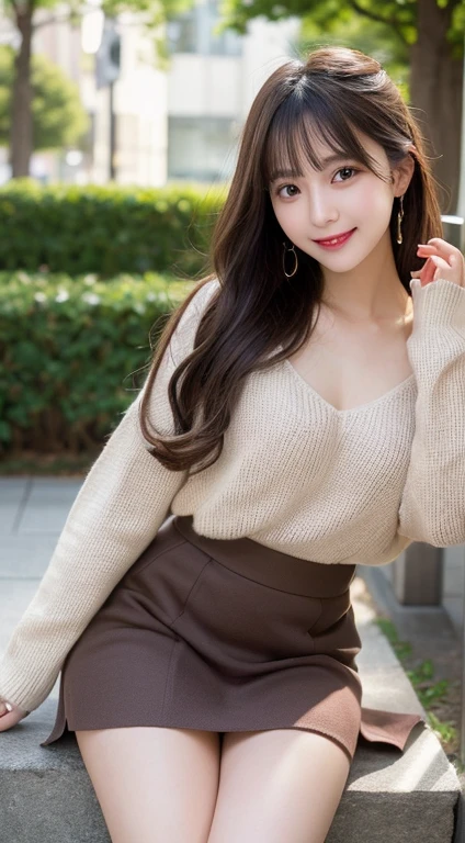 Tabletop, Highest quality, figure, Very detailed, In detail, High resolution, 8k wallpaper, Perfect dynamic composition, Beautiful attention to detail, Oversized knitted sweaters and long skirts,Medium Hair,Small Breasts Natural Color Lip, Bold sexy pose,smile,Harajuku、20-year-old girl、cute、sexy shot looking at camera