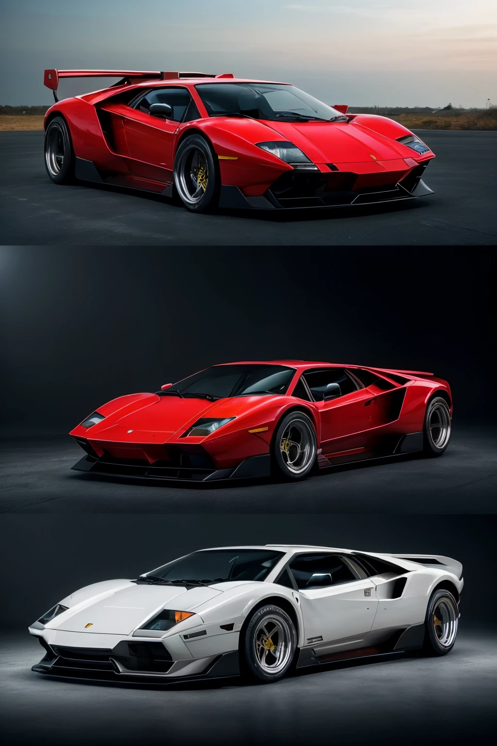 A mesmerizing fusion of the iconic Lamborghini Countach and the timeless Ferrari Testarossa, this masterpiece of automotive design boasts an impeccable combination of sharp and sleek lines, ((híperrealismo)). The Countach's distinctive wedge shape and scissor doors are seamlessly blended with the Testarossa's iconic flat-12 engine and wide wheels, creating an unmatched aesthetic appeal. With a vibrant red and white color scheme, the car's exterior shines under the sun, capturing the attention of all who lay their eyes on it. The interior is a testament to luxurious craftsmanship, featuring a