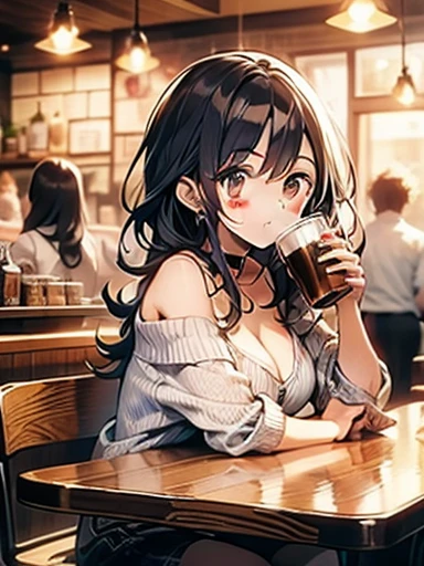 In 8K、Highest quality、masterpiece、Ultra-detailed、Ultra-high resolution、Anime Style、One woman、Off the shoulder、Coffee shop、Open Cafe、Drinking tea,Big Breasts、Long black hair