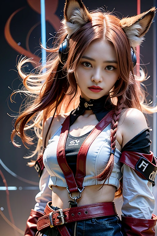 karate, ,( cry), Portrait of a person, Fantasy art, (cyber punk), A girl with fox ears and a fox tail,, Natural light, masterpiece, 1 beautiful girl, Detailed eyes, Swollen eyes, highest quality, A High resolution, Asian Beauties, Very very beautiful, Beautiful skins, Slender, Forward-facing body, (Surreal), (High resolution), (4K), (Very detailed),( Best illustrations), (Beautiful and detailed eyes), (Very detailed), Detailed face, Bright lighting, Professional Lighting, Vision, (lanthanum), ((warrior)),((Long Hair)),((cry)),((Colorful Hair)),((Red color splash)),One girl, (Short pigtails),Colorful Hair,flight, Short skirt,Pink ribbon,((16 year old female model)) ,Psychopath horror, Bloodstained、Drops of blood,( Stand neck long sleeve black jacket),(battlefield),( Dark Sky)