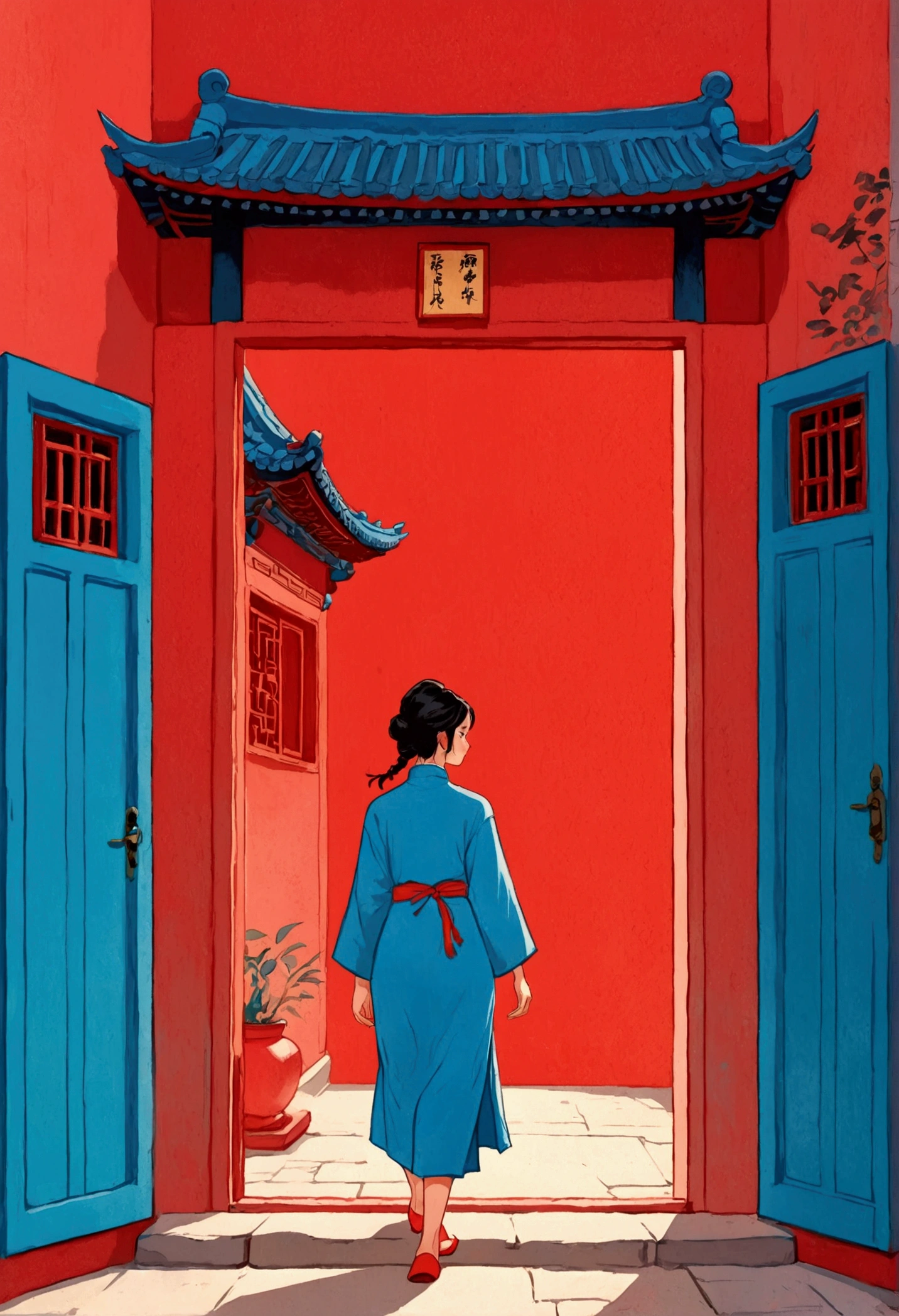 Minimalist style，A woman walks in front of a blue door, Chinese Girl, Color illustrations, full Color illustrations, Color illustrations, Colorfull illustration，Red background