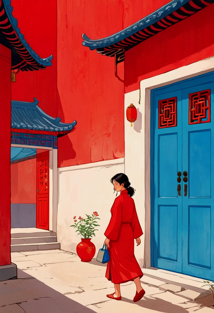 Minimalist style,A woman walks in front of a blue door, Chinese Girl, Color illustrations, full Color illustrations, Color illustrations, Colorfull illustration,Red background