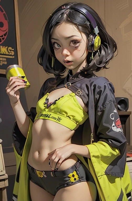 ((18-year-old punk girl)),((Green and yellow British punk fashion:1.5)),(light black hair:1.5、Messy permed hair)Studded clothing、((Holding a record:1.5))、((He has a big speaker on his back))、（Narrow and small eyes）,Wacky makeup、Breast augmentation, (masterpiece), (High resolution), (Very delicate), nightmare, Doll-like face, Manga style, Horror elements, Comic style illustration, Japanese painting, phantom, (Spooky), Japan sculpture, crazy illustration, antique, Dark atmosphere, Flat Illustration,Spookyな外観, Unique atmosphere、music、live house、Headphones
