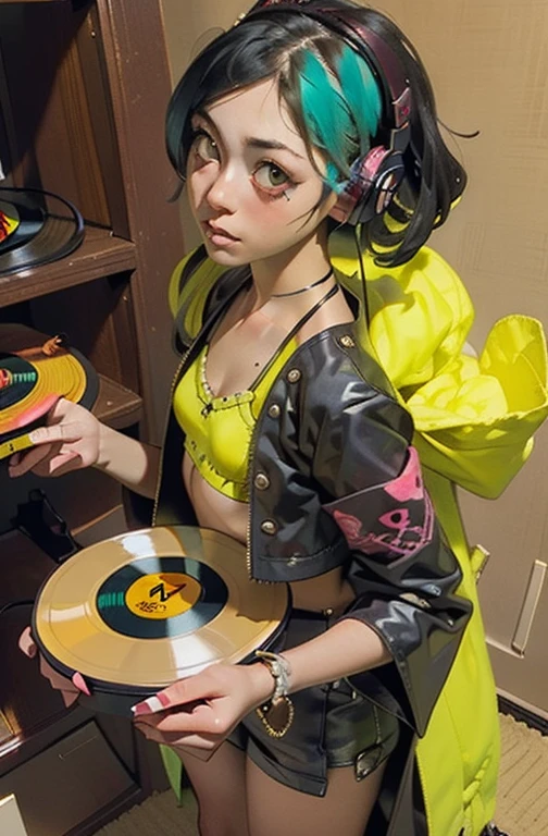 ((18-year-old punk girl)),((Green and yellow British punk fashion:1.5)),(light black hair:1.5、Messy permed hair)Studded clothing、((Holding a record:1.5))、((He has a big speaker on his back))、（Narrow and small eyes）,Wacky makeup、Breast augmentation, (masterpiece), (High resolution), (Very delicate), nightmare, Doll-like face, Manga style, Horror elements, Comic style illustration, Japanese painting, phantom, (Spooky), Japan sculpture, crazy illustration, antique, Dark atmosphere, Flat Illustration,Spookyな外観, Unique atmosphere、music、live house、Headphones
