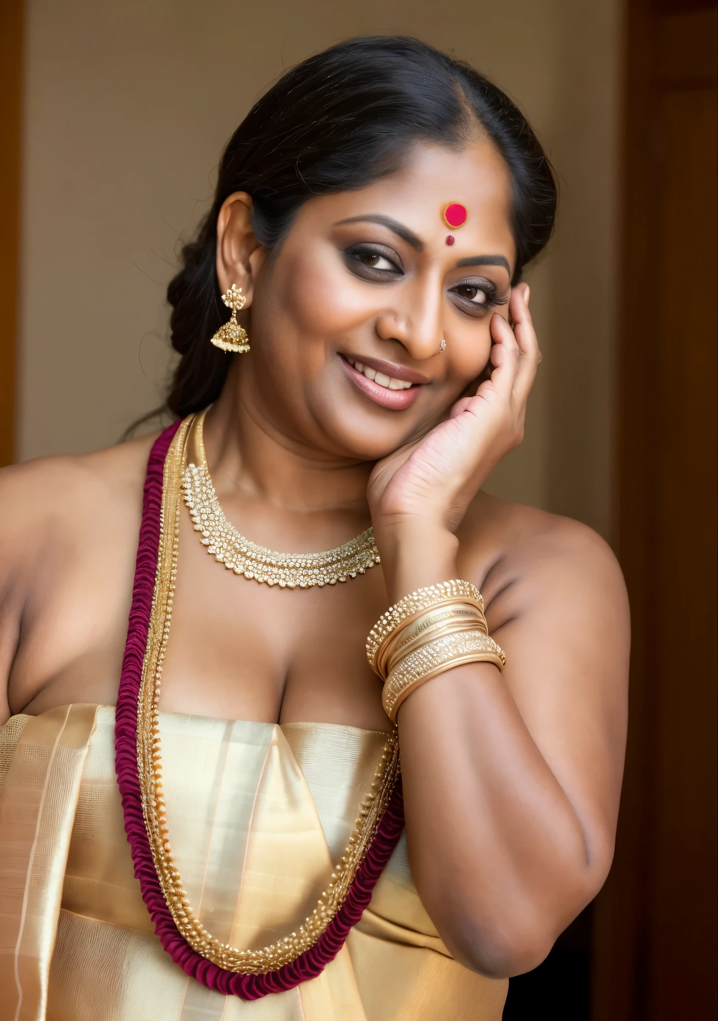 Foto RAW, photorealistic, true milf, mature wrinkles skin, tanlines, photography, full body shot, 70 years old Woman, nadhiya moidu, hot nadhiya mommy, master shot, perfect eyes, goddess like beauty, nadhiya momma, nadhiya amma, pierced eyes, perfect thick chubby mallu Desi aunty bhabhi, Wearing a Stanapatta, a chest-band.Saree model, model Photography, Indian saree shoot, Indian traditional wear advertising photography, traditional wear brand shoot, face of indian chubby milf actress Nadhiya or Nadia Moidu or Nadiya moidu, masterpiece, realistic, realism, incredible details,  pleasure, photorealism, detailed skin, skin pores, high contrast, photorealistic Artstation 8k HD digital art trend of high definition and detailed realistic skin texture, ultra detail, realistic skin texture, armature, best quality, ultra high definition, (photorealistic:1.4),, high resolution, detail, raw photo, sweat, Re sharp, by Lee Jefferies Nikon D850 Film Stock Photo 4 Kodak Portra 400 Camera F1.6 Lens Rich Color Ultra Real Realistic Realistic Textures Dramatic Lighting Unreal Engine Trending at Art Station Cinestill 800,(pele altamente detalhada: 1.2), 8k UHD, DSLR, soft-lighting, alta qualidade, grain of film, Fujifilm XT3,she didn't like to wear blouse or bra, she is happy to wear only saree, she hates blouse or bra, detailed hairy armpits, hyper realistic skin, skin pores, sweat, veins on the body, skin texture, freckles 0.2, RAW photo, astounding details, professional fashion photography, photographed by master photographer, insane skin texture details, bulky figure, plus size Indian aunty, chubby Indian housewife,  Indian desi Mature widow aunty, queen of seduction, tempting jiggly figure, appealing body language, she wants to alleviate his loneliness, she wants to be a sugarmommy, mature aged beauty, true mature goddess, visible few wrinkles stretchmarks, few tanlines in her face, She is the mother of four sons,