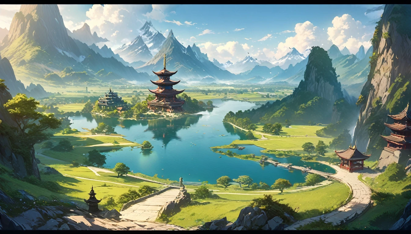 Anime Landscape:a lake between mountains,There is a pagoda in the middle, Matte inspired by Andreas Rocha, Popular on artstation, Fantasy Art, Anime Landscape, Anime Landscape wallpaper, Andreas Rocha style, Detailed scenery —width 672, Ross Chen. Landscape background, 8k high quality detailed art, 4k highly detailed digital art, Japanese art style