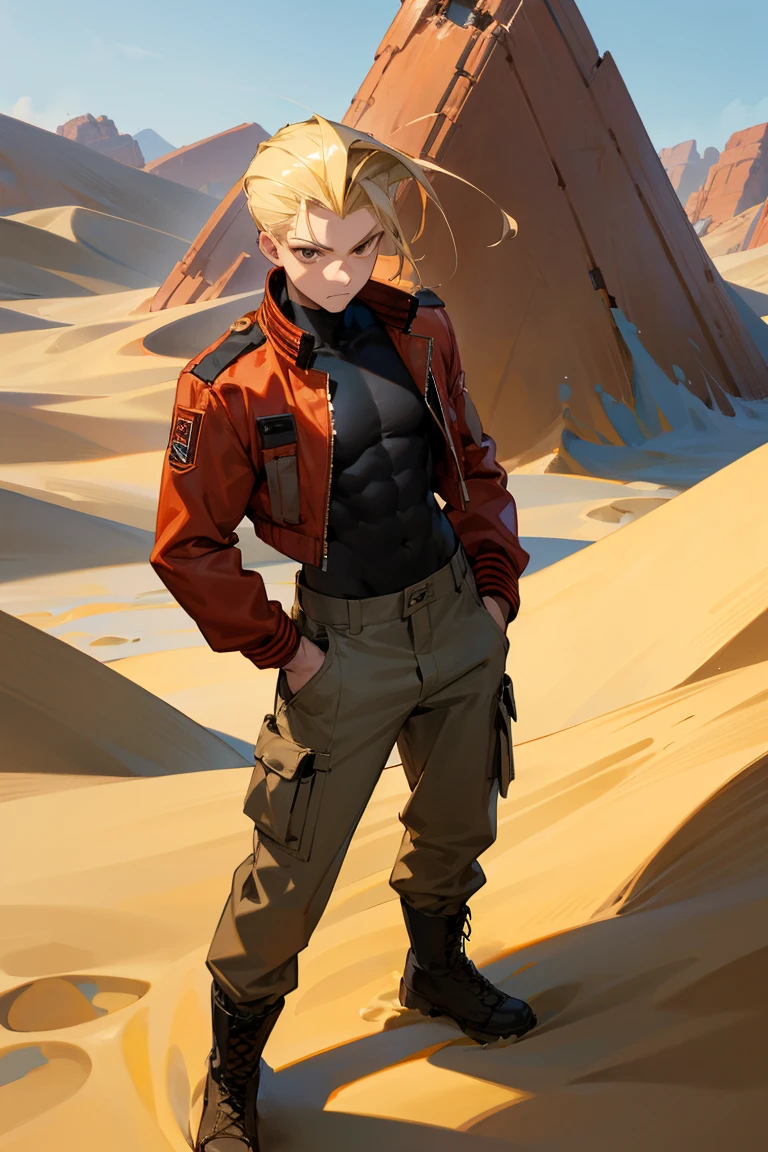 1male, Blonde Hair, Red Bomber Jacket, Slick Back Hair, Grey Cargo Pants, Combat Boots, Brown Eyes, Determined Expression, Muscular, Irregular, Young Male, Desert, Standing on a Dune