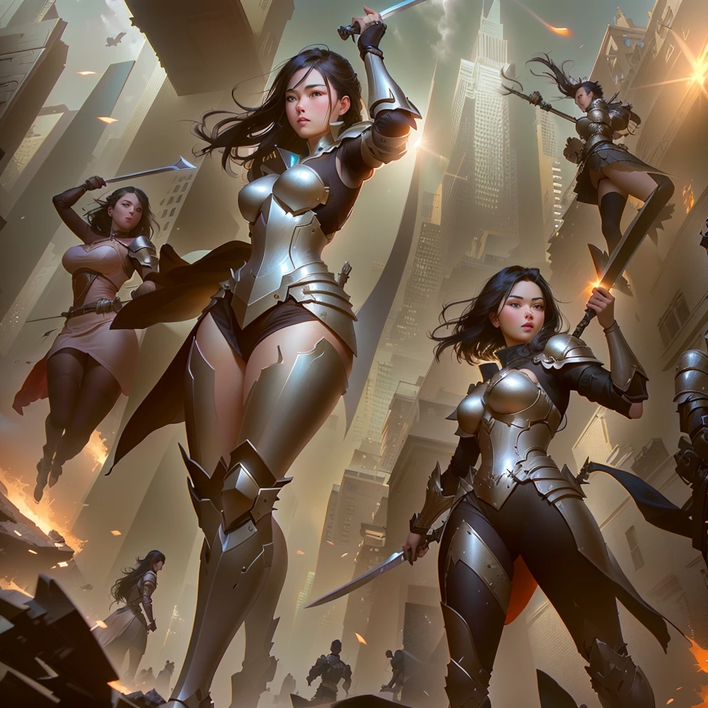 arafed image of two women in armor holding swords in a city, artgerm and atey ghailan, ross tran and bayard wu, artgerm and ruan jia, aly fell and artgerm, ruan jia and artgerm, jeff easley and ross tran, artgerm and ben lo