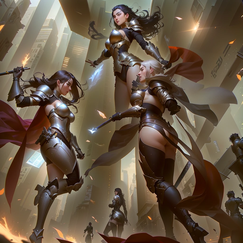 woman, ((long hair)),  blackblue hair, ((beautiful)), hair split in middle, adorned in medieval armor, twerking, metal muscles, emanating a medieval elegance and marvel, armor pump bootreastplate)), chrome silver tiara, small armband, (shoulder armor), gauntlets, ((armored thong:1.5)), sword, shield, exposed midriff, (puffy lips:1.3), detailed eyes, ((slendered abs )),((sweaty), wide hips, (puffy lips:1.5), slender abs,rim lighting, side light, cinematic light, ultra high definition, 8k, film grain,best shadow, light particles, detailed skin texture, detailed gem armor texture, detailed face, intricate details, super detailed, bright, spiked heel boots