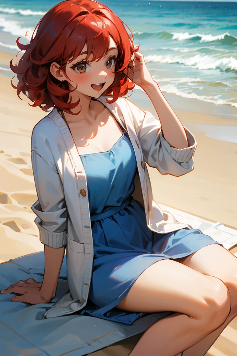 1female, Red Hair, Blue Sundress, Curly Hair, White Cardigan, Sandals, Hazel Eyes, Laughing, Slim, Guide, Adult Female, Beach, Sitting on the Sand