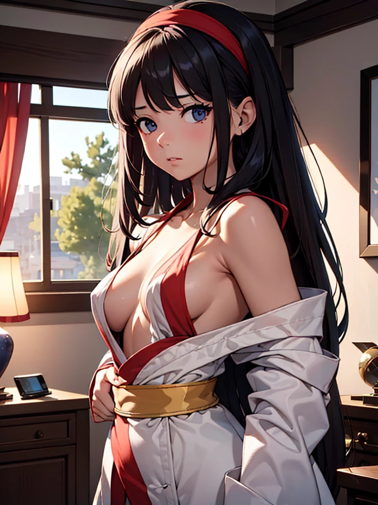 (​masterpiece、top-quality、hight resolution、Unity 8k、extremely details CG:1,Best Picture), The woman, who had been discussing the situation with the man, has now accepted their fate and is preparing for . She is beginning to undress with a resigned yet determined expression, while the man watches with mixed emotions. The room resembles a love hotel, maintaining the tense yet understanding atmosphere. Focus on the woman's actions and expression, capturing the moment of reluctant acceptance. nsfw, red ribbon, hairband,  women, small breasts, un, 