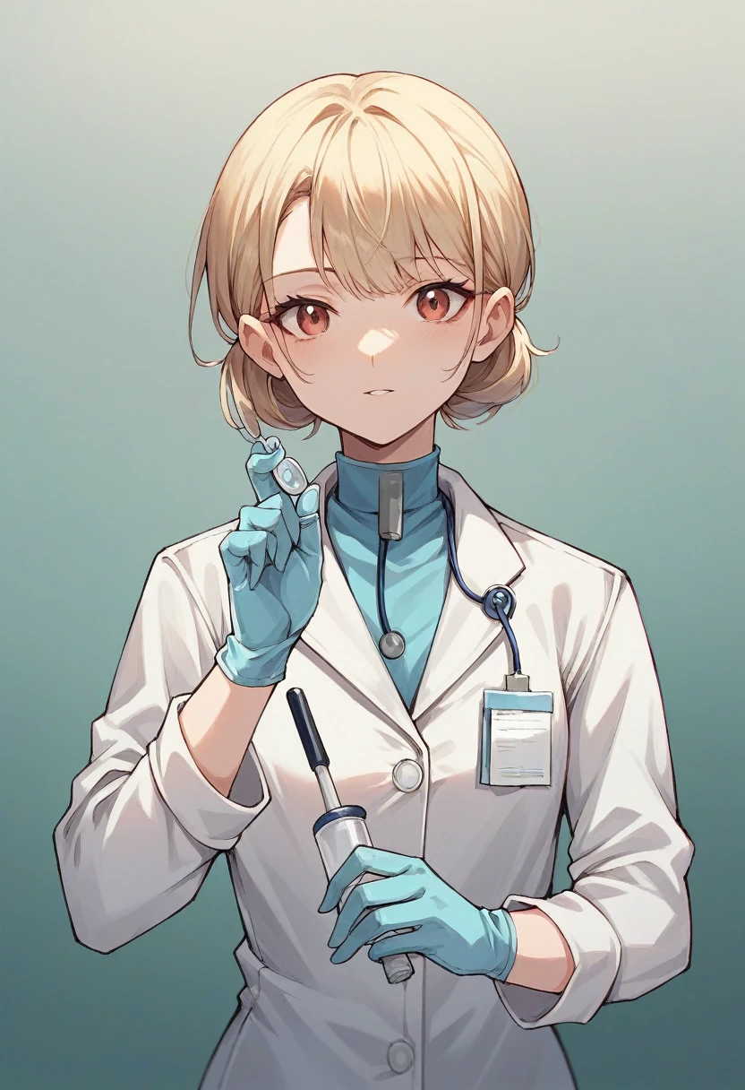 1girl, bangs, ((blue surgical gloves)), ((surgical gloves)), ((latex gloves)), ((((long sleeves)))), ((white surgeon outfit)), looking at viewer, ((white doctor outfit)), standing, solo