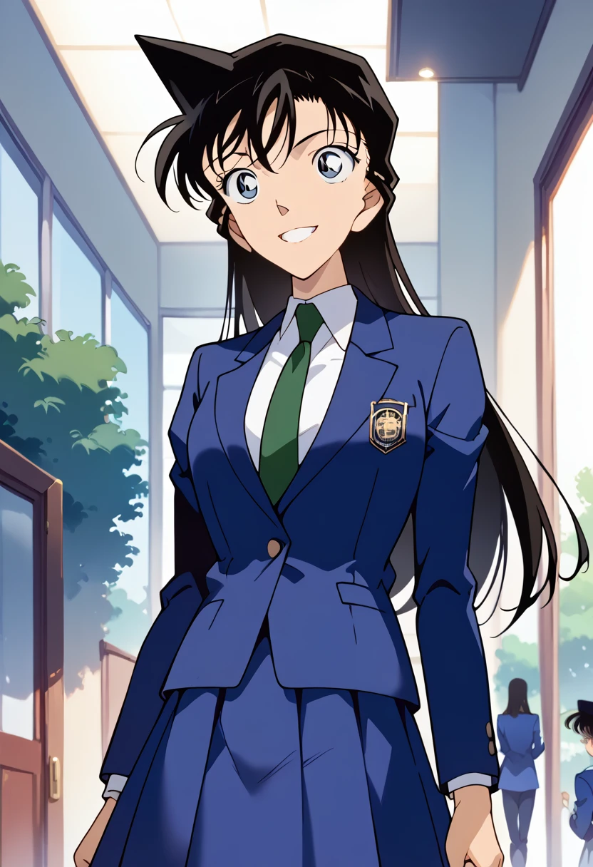 ((masterpiece,High resolution,Highest quality,8k))(Detective Conan,Mouri Ran)(****************,Black Hair,Long Hair,Slender figure)(school uniform,Blue blazer and skirt,tie)smile