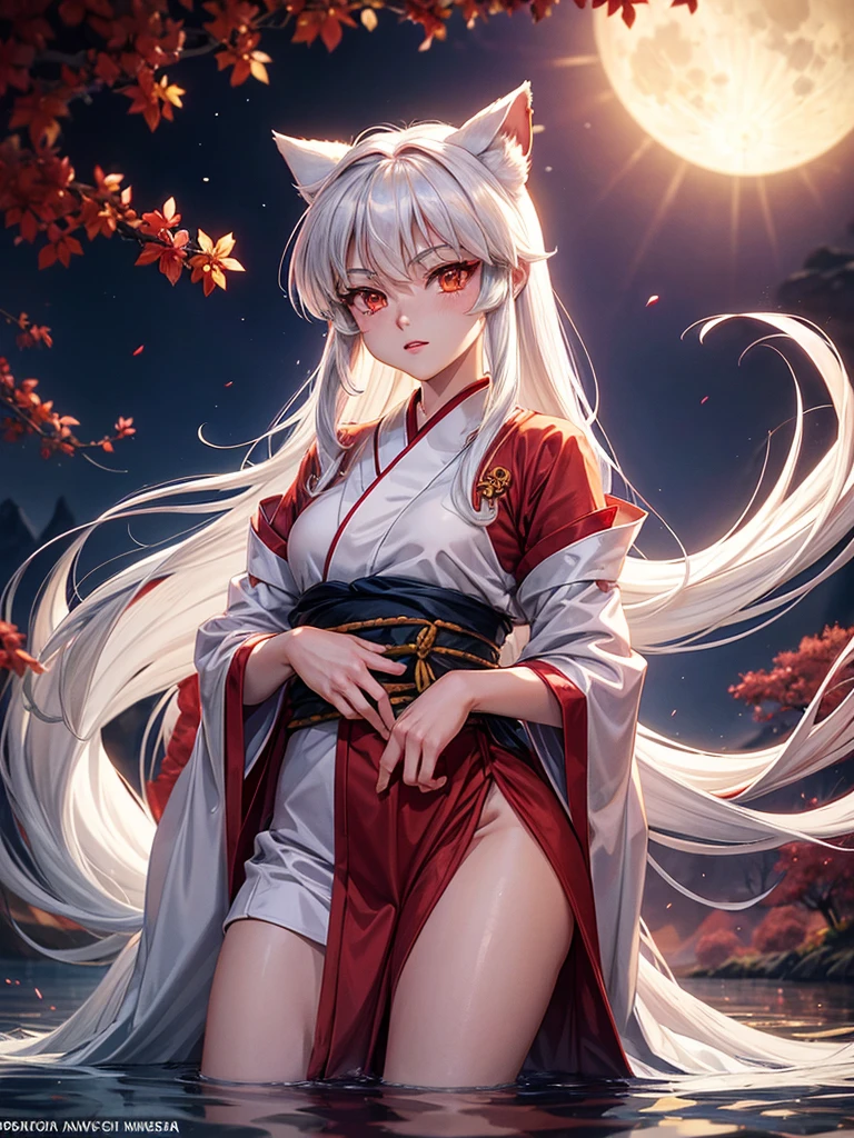 The character Inuyasha from the anime Inuyasha. 
He was female, with ample breasts and hips, with bright yellow eyes, very long white hair, lush fluffy fox tail behind his back. 
She sat on the shore of the lake under the moon. 
Canonical red kimono with long sleeves and white patterns on them. 
Red eye makeup and burgundy lips. There were sharp teeth and claws. 
To have Sesshomaru from the anime Inuyasha hugging her behind her back. 