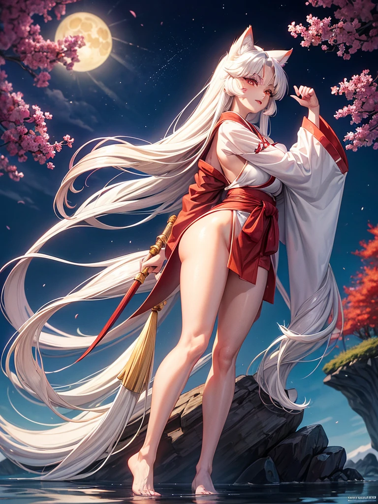 The character Inuyasha from the anime Inuyasha.
He was female, with ample breasts and hips, with bright yellow eyes, very long white hair, lush fluffy fox tail behind his back.
She sat on the shore of the lake under the moon.
Canonical red kimono with long sleeves and white patterns on them.
Red eye makeup and burgundy lips. There were sharp teeth and claws.
To have Sesshomaru from the anime Inuyasha hugging her behind her back.