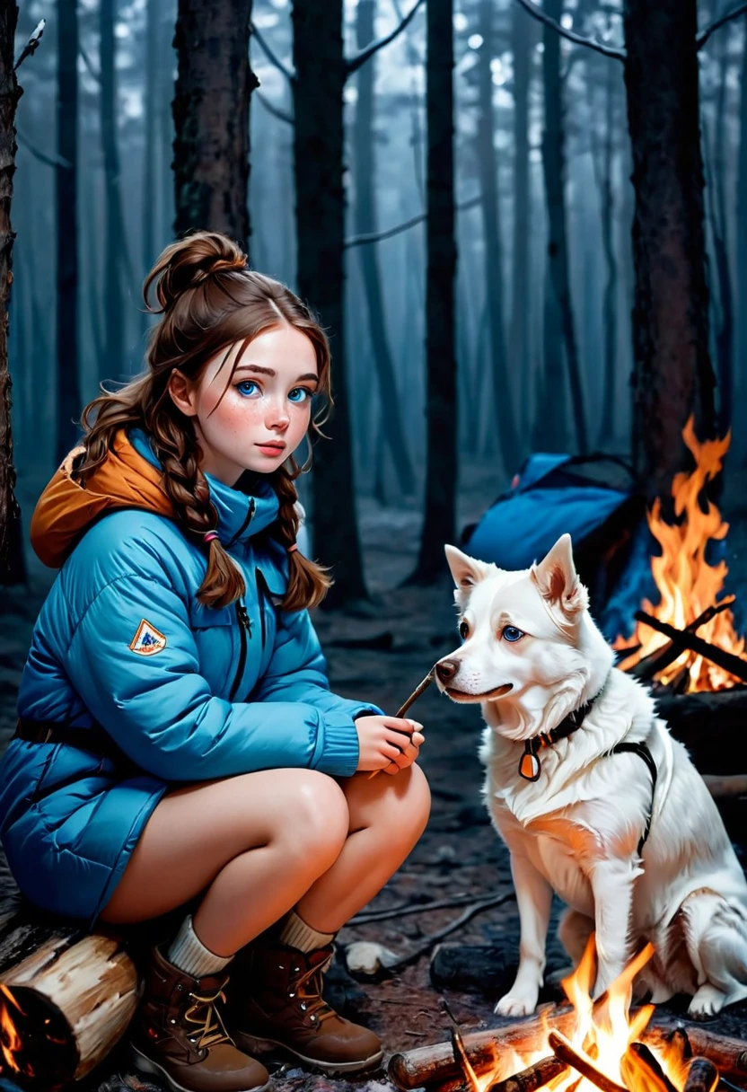 A girl with shoulder-length wavy brown hair, a short ponytail on the back of her head, and blue eyes, the girl has freckles. This girl is sitting by a campfire in a dark, frightening winter forest. The girl pets a white dog. Together they are not afraid of anything.  The girl wears warm winter clothes and equipment.