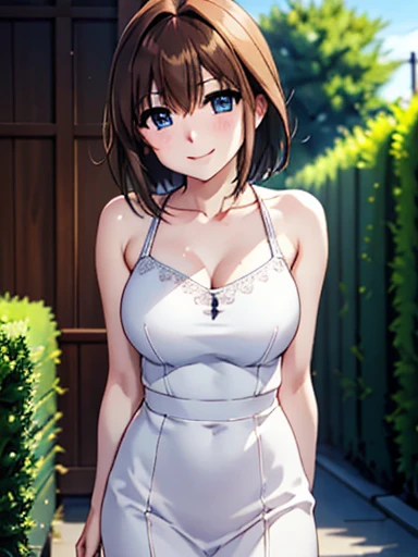 High resolution, Highest quality、super high quality,3D Images、garden、Hayate Yagami, Hayate Yagami、smile、Mouth closed、Absolute reference to the center、Cute no matter who looks at it、Put your arms behind your back,clavicle,White Dress、Absolute reference to the center、whole body, alone,Cinema Lighting、Crosshair Clip、,Cowboy Shot、Thighs,Big Breasts