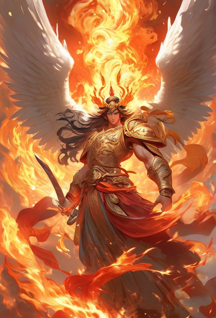 Create an image of a powerful guardian angel surrounded by flames。The guardian deity has a strong, muscular build.、Must have a stern look。Holding a sword-like weapon in one hand、The other hand must hold a symbolic object that represents protection and rage.。A blazing flame swirls in the background.、It emphasizes the fiery nature and presence of the patron deity.
