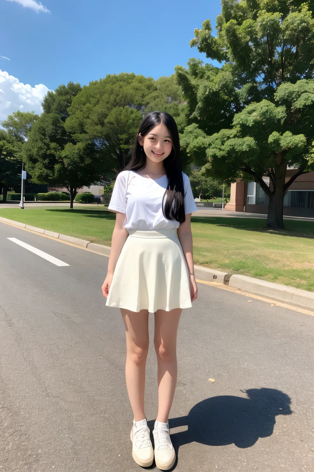 Standing in an empty park overlooking the sea、High school girls、Cute face like an idol、Long black hair、Summer clothemiling、Full body portrait